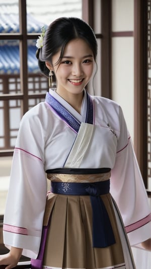 One girl, solo, long hair, looking at the viewer, smile, skirt, black hair, brown eyes, jewelry, closed mouth, indoors, white top, window, Korean traditional hanbok (chima and jeogori) with pleats, elegant, expressing feminine beauty, detailed, high quality, ultra-detailed, realistic





