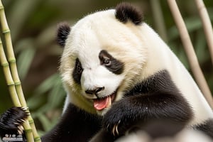 Create a high-definition, ultra-detailed, and high-resolution scene capturing a panda delicately consuming bamboo. Ensure the depiction includes intricate facial features, resembling a photograph in its clarity and precision. Incorporate the surrounding landscape in vivid detail to provide context and enhance the overall visual experience.,realhands