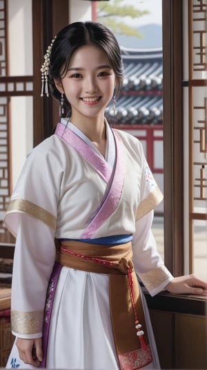 One girl, solo, long hair, looking at the viewer, smile, skirt, black hair, brown eyes, jewelry, closed mouth, indoors, white top, window, Korean hanbok (chima and jeogori), detailed, high quality, ultra-detailed, realistic