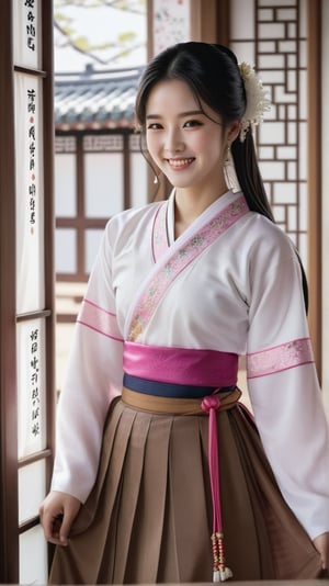 One girl, solo, long hair, looking at the viewer, smile, skirt, black hair, brown eyes, jewelry, closed mouth, indoors, white top, window, Korean hanbok (chima and jeogori) with pleats, elegant, expressing feminine beauty, detailed, high quality, ultra-detailed, realistic





