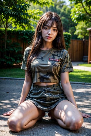 hallow depth of field, vivid colors, photorealistic, RAW, 16K, masterpiece, UHD, full body shot, sharp focus, professional, bokeh, Korean female soldier, messy long hair, camo military fatigues, wearing military cotton t-shirt, camo military skirt, outdoor, barracks, loving gaze