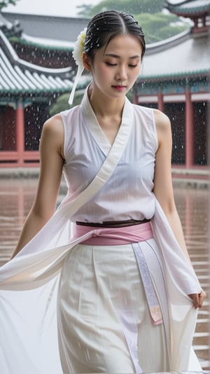 On a rainy day within the palace grounds, a young woman in her twenties stands in the courtyard wearing a thin, white hanbok. The rain has soaked through the fabric, revealing the contours of her undergarments beneath. Additionally, she wears a light, white cotton tank top akin to a camisole and a delicate, thin skirt.




