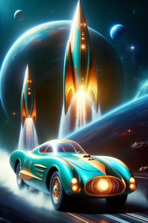 A galactic war scene in outer space filled with bright stars and distant planets. The spaceships involved in the conflict have a retro design inspired by 1950s aesthetics, with vibrant colors and classic streamlined shapes. I want the ships to have details like 1950s style fins, glass domes, and flashing lights. The battle unfolds with laser beams and spectacular explosions. The image should fuse the futuristic style of science fiction with the nostalgia of the vintage era.,DonM0ccul7Ru57XL,APEX SUPER CARS XL ,high heel car,hhc,tranzp