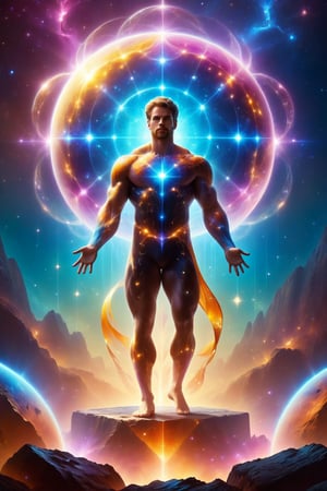 The man is standing on a metal platform floating in the middle of an asteroid field. His skin is translucent, but now it looks like a map of constellations and galaxies. His muscles have turned into nebulae that shine with vibrant colors. In his hands, he holds a huge crystalline orb that radiates cosmic energy, with a glow that illuminates the area. The man looks powerful and imposing, with a deep and enigmatic gaze.