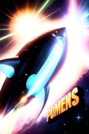 A galactic war scene in outer space filled with bright stars and distant planets. The spaceships involved in the conflict have a retro design inspired by 1950s aesthetics, with vibrant colors and classic streamlined shapes. I want the ships to have details like 1950s style fins, glass domes, and flashing lights. The battle unfolds with laser beams and spectacular explosions. The image should fuse the futuristic style of science fiction with the nostalgia of the vintage era., 3D SINGLE TEXT,DonM3l3m3nt4lXL,Retro art,50s Poster,Muscle,tattoo on the right arm,disney pixar style,DonM0ccul7Ru57XL,Strong Backlit Particles
