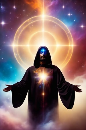 The man is wrapped in a black robe that blends into outer space. His muscles can be seen through the now translucent fabric, but his bones and organs resemble glowing constellations. His intimate area is covered by a nebula of vibrant colors, with stars that move around it, creating a magical effect. Above his head, like a halo, is projected an image of Jesus Christ surrounded by golden light. His gaze is full of tranquility and peace, as if he were contemplating the creation of the universe. In his hands, holding the nebula that covers his intimate area, you can see a faint white glow, like the light of a distant star.
This image reflects a deep connection between man and the power of God. His body is illuminated by divine light, and his soul is in harmony with the universe. It is a vision of a being who has achieved spiritual perfection and who is in direct contact with the highest god.,Retro art,retro ink,DonM0ccul7Ru57XL,T-shirt design