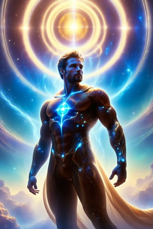 Man finds himself in the vacuum of space, floating above a giant gas planet with glowing rings. His skin has become translucent, allowing his muscles and veins to be seen with a luminescent effect that intertwines with the stars and nebulae in the background. His eyes glow with an electric blue glow, and his body is surrounded by a halo of energy that connects to the planet. The man has a defiant and confident look, with one hand extended towards space as if he were searching for a new horizon.