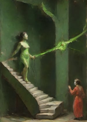 "an imaginary representation of a green bloody semi naked woman in the middle of the descent of a staircase in a step-by-step series of closely integrated ambulatory body movements that combine in a three-dimensional wake behind her, forming a timeless emerging whole to be considered, intellectually, emotionally and aesthetically",cubism art, abstract, string theory, surreal, fourth dimension, sensations, interdimensional travel, parareal,oil painting,DonMD1g174l4sc3nc10nXL 