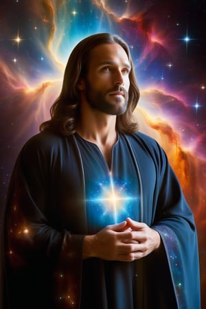 The man is wrapped in a black robe that blends into outer space. His muscles can be seen through the now translucent fabric, but his bones and organs resemble glowing constellations. His intimate area is covered by a nebula of vibrant colors, with stars that move around it, creating a magical effect. Above his head, like a halo, is projected an image of Jesus Christ surrounded by golden light. His gaze is full of tranquility and peace, as if he were contemplating the creation of the universe. In his hands, holding the nebula that covers his intimate area, you can see a faint white glow, like the light of a distant star.
This image reflects a deep connection between man and the power of God. His body is illuminated by divine light, and his soul is in harmony with the universe. It is a vision of a being who has achieved spiritual perfection and who is in direct contact with the highest god.