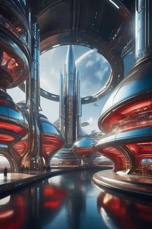"Imagine an immense space station floating in the vacuum of space, built with enormous chrome metal panels and neon tubes that snake through its structures. Curved, aerodynamic shapes characterize the buildings and towers, with round windows that emulate the cabins of the science fiction spaceships from the mid-20th century. The predominant colors are bright silver, deep red and electric blue, creating a striking contrast against the dark background of space. From afar, the station looks like a futuristic vision of the. space age of the 50s, combining retro aesthetics with the grandeur and advanced technology of the future.,Indoor