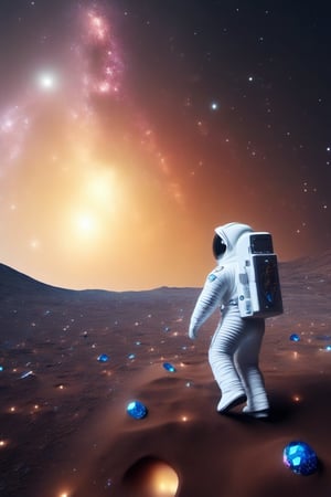 A lone astronaut walking in a desolate lunar landscape, with Earth glowing on the horizon. The astronaut wears a bright, reflective spacesuit as he explores a deep crater filled with iridescent crystals. In the starry sky, a music-shaped constellation floats in space, emanating soft and ethereal light. The scene conveys a sense of awe and wonder at the beauty of the universe.