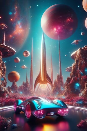 A galactic war scene in outer space filled with bright stars and distant planets. The spaceships involved in the conflict have a retro design inspired by 1950s aesthetics, with vibrant colors and classic streamlined shapes. I want the ships to have details like 1950s style fins, glass domes, and flashing lights. The battle unfolds with laser beams and spectacular explosions. The image should fuse the futuristic style of science fiction with the nostalgia of the vintage era.,futuristic car
