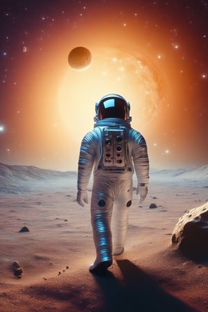 A lone astronaut walking in a desolate lunar landscape, with Earth glowing on the horizon. The astronaut wears a bright, reflective spacesuit as he explores a deep crater filled with iridescent crystals. In the starry sky, a music-shaped constellation floats in space, emanating soft and ethereal light. The scene conveys a sense of awe and wonder at the beauty of the universe.,retro_rocket