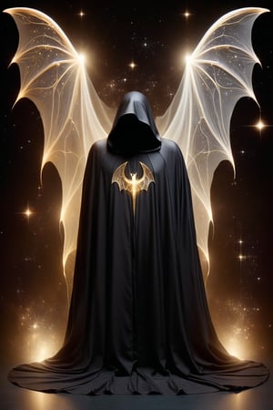 The man is wrapped in a black robe that seems to absorb the light around him. His bones and organs can be seen through the cloth, but now they appear to be made of dark matter. His intimate area is covered by a veil of darkness that flutters like a bat with wings made of black stars.