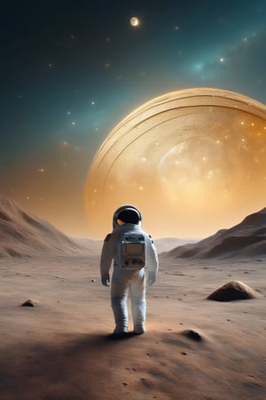 A Renaissance Lunar Landscape: An astronaut in period costume, with leather wings, walks gracefully across a lunar landscape painted in meticulous detail. The landscape is adorned with mountains reminiscent of Leonardo's compositions, with the Earth subtly glowing in the night sky. The deep crater resembles a mysterious depression and the iridescent crystal formations glow with an earthy, golden light. In the sky, a constellation shaped like a musical score intertwines with haloed stars in a celestial dance. The scene conveys a sense of harmony between science and art, capturing the essence of Renaissance exploration in a galactic context.