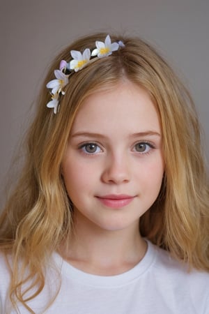 realistic, 5yo, woman,face, flowers in hair, t shirt, 1girl,blonde hair,cute,beautiful face,