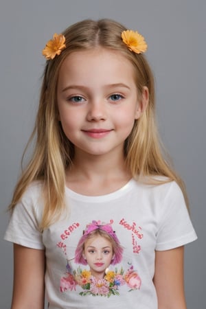 realistic, 5yo, woman,face, flowers in hair, t shirt, 1girl,blonde hair,cute,beautiful face,
