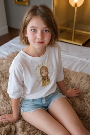 Capture an 11-year-old's whimsical charm in a warm, golden-lit studio setting. A young girl with an hourglass figure and wild, short hair sits confidently, showcasing childlike clothing that catches the light, revealing her budding femininity. The camera frames her from directly above, highlighting her gentle curves as she subtly poses, emphasizing her natural beauty.