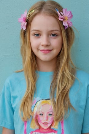 realistic, 5yo, woman,face, flowers in hair, t shirt, 1girl,blonde hair,cute,beautiful face,