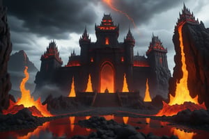 (photograpgy,8k high quality photo,Cinematic intricate details:1.2),Wide Demon complex fortress Castle in the midle of lava ocean,floating chain,in a dark and stormy night,Hot atmosphere,realistic flame aura,dust_particles,lava flow in the ground,ominous clouds,ground gravel,detailed gravel,global ilumination, roman mix with japanese architecture with menacing spires and towers, detailed stone textures, surrounding landscape ,fantasy,color harmony,photoreal,realistic,hyper realistic,crystalz,FuturEvoLabFlame
