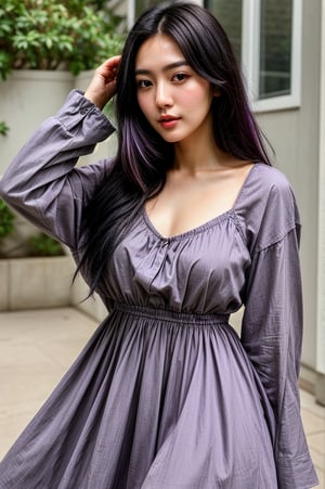 An ultra-realistic portrait photograph of very beautiful 30-year-old like Korean girl with (black hair purple highlights:1.2), influencer, clear and (intense brown eyes:1.2), Instagram, (western dress:1.2) 
