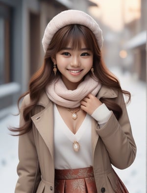 Beautiful and delicate light, (beautiful and delicate eyes), light brown skin, big smile, (brown eyes), (redish long hair), dreamy, medium chest, woman 1, (front shot), indonesian girl, bangs, soft expression, height 170, elegance, bright smile, 8k art photo, realistic concept art, realistic, portrait, necklace, small earrings, handbag, fantasy, jewelry, shyness, skirt, winter parka, scarf, snowy street, footprints,