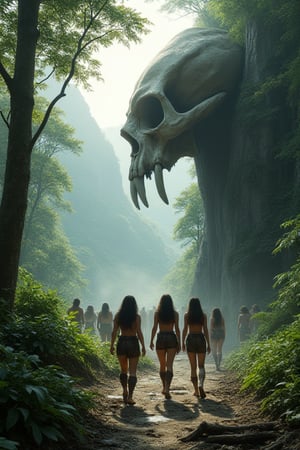 A photorealistic illustration of a misty jungle landscape with a humid, damp, and swampy atmosphere. There is a group of female barbarian warriors, scantily clad in leathers and furs, walking towards a cave in a mountainside. The cave has a huge humanoid skull with large canines, which form the cave roof. The canine teeth reach the floor. The late afternoon sun casts directional light on the scene, creating high contrast and great lighting. The composition is perfect.