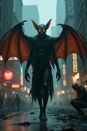 A haunting scene: Arafed zombie human bat with its wings spread open walks down a desolate street in post-apocalyptic New York, his creepy face illuminated by flickering neon signs and distant flames. In the shadows, Greta Thunberg-as-Gollum lurks, her eyes gleaming with an otherworldly intensity. Spiderman, also transformed into Gollum, crouches nearby, his grotesque features lit by a fiery glow. In the background, a 3D-rendered cityscape lies in ruins, shrouded in mist and smoke, as Jeremy Geddes' matte painting meets Chris Cunningham's global illumination. VFX mastery brings this eerie titan-Gollum to life.