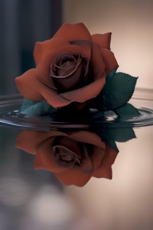 NemoSpark, flower, rose, no humans, reflection, black flower, still life, blurry, water, black rose, mirror, bug, depth of field
