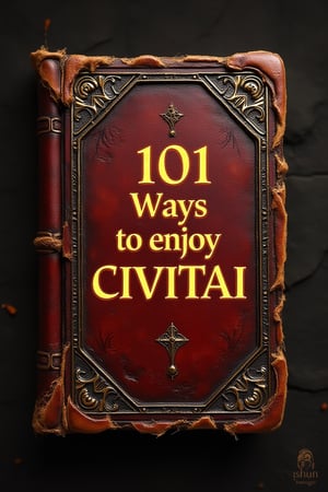 An ancient dusty torn leather covered book, carefully decorated, with magical glowing golden writing on the cover that says 101 Ways to enjoy CIVITAI