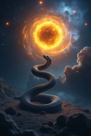 a snake created from a black hole, the universe and nebulae, the snake doing magic, the neon yellow magic ball