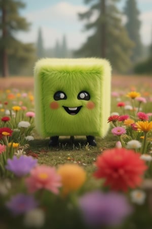 TenTen cube mascot radiates joy amidst a vibrant bouquet of colorful flowers in a lush meadow. From a low-angle perspective, the camera captures the mascot's beaming smile as they sit among the blooms, surrounded by soft focus petals and gentle greenery.,Anime 3D CGI-ABM