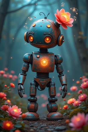 professional photography of an fantastical cute robot with whimsical elements, flowers and swirling magic, eerie fairytale landscape, elaborate fantasy style art, very colorful, intricate details, ultra sharp, exquisite detail, flawless composition, vivid colors, masterpiece, exciting background, magical glow, internal glow, magic, fantasy, glowing, colorful,