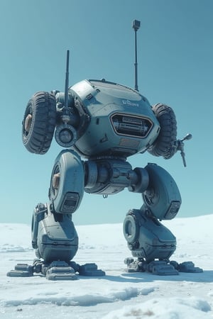 A robotic explorer designed specifically for Neptune’s surface, with a bulky, multi-legged chassis built to anchor itself against the planet’s extreme winds and icy terrain. Its segmented, armored body is made of high-durability alloys, resistant to freezing temperatures and intense atmospheric pressure. The robot has no humanoid features, instead featuring a rotating sensor array and telescopic limbs that extend to probe the icy ground and analyze the methane-laden atmosphere. Its large, reinforced treads allow it to move steadily across the frozen surface, while massive turbine-like fans help it stabilize against the gale-force winds.