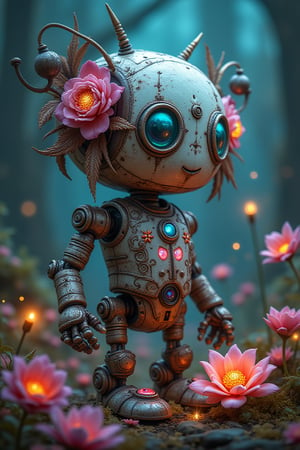 professional photography of an fantastical cute robot with whimsical elements, flowers and swirling magic, eerie fairytale landscape, elaborate fantasy style art, very colorful, intricate details, ultra sharp, exquisite detail, flawless composition, vivid colors, masterpiece, exciting background, magical glow, internal glow, magic, fantasy, glowing, colorful,