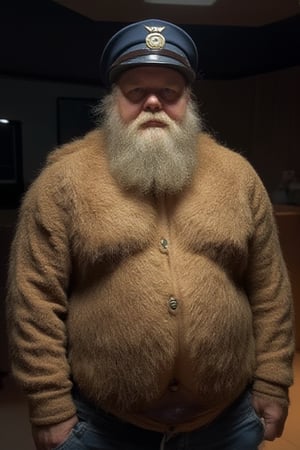 highly detailed raw photograph, indirect light, | obese, musclechub, grandpa, granddad, old, brute, burly, stocky, old,big full lips, sideparted blonde orderly hair, very hairy body, lotsa bodyhair, furry, dense chesthair, hairy arms,muscular,cop hat,big bulge