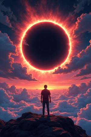 masterpiece, uhd, absurdres, 8K, anime artwork moebius, a man standing in front of a black hole with a sky background, an eclipse, eclipse, dark solar eclipse, solar eclipse, total eclipse, solar eclipse in the sky, blackhole sun, black hole sun, during an eclipse, eternal eclipse, lush and colorful eclipse, blackhole, the magic eclipsing, black hole event horizon, black hole, solar eclipse in iceland