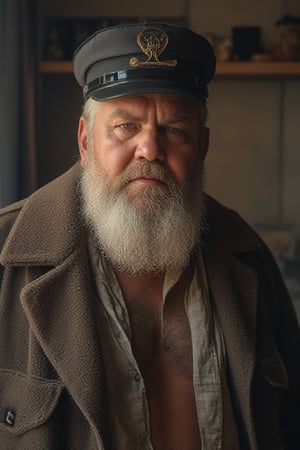 highly detailed raw photograph, indirect light, | obese, musclechub, grandpa, granddad, old, brute, burly, stocky, old,big full lips, sideparted blonde orderly hair, very hairy body, lotsa bodyhair, furry, dense chesthair, hairy arms,muscular,cop hat,big bulge