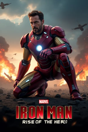 An epic movie poster for "Iron Man," featuring Iron Man in a striking pose, kneeling on one knee with one fist on the ground, showcasing his sleek and detailed armor glistening in the light, surrounded by a chaotic battlefield with explosions and smoke in the background, debris flying, and a dramatic sky filled with dark clouds, glowing repulsor rays emanating from his suit, intense expression of determination, bold typography at the bottom saying "IRON MAN: RISE OF THE HERO" in a futuristic font, high detail, capturing the essence of power and resilience --v 5 --ar 9:16
