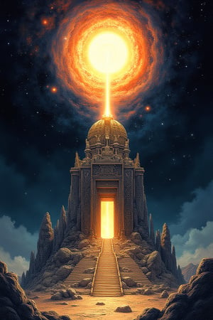 ink illustration of an ancient temple of light on the astral plane, a supernova blazes in the sky above, dark cosmic background, masterpiece, artwork, dynamic composition, beautiful lighting, ilaian_maestro