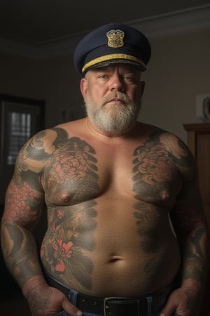 highly detailed raw photograph, indirect light, | obese, musclechub, grandpa, granddad, old, brute, burly, stocky, old,big full lips, sideparted blonde orderly hair, very hairy body, lotsa bodyhair, furry, dense chesthair, hairy arms,muscular,cop hat,big bulge