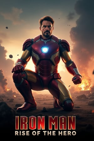 An epic movie poster for "Iron Man," featuring Iron Man in a striking pose, kneeling on one knee with one fist on the ground, showcasing his sleek and detailed armor glistening in the light, surrounded by a chaotic battlefield with explosions and smoke in the background, debris flying, and a dramatic sky filled with dark clouds, glowing repulsor rays emanating from his suit, intense expression of determination, bold typography at the bottom saying "IRON MAN: RISE OF THE HERO" in a futuristic font, high detail, capturing the essence of power and resilience --v 5 --ar 9:16
