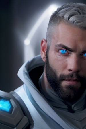 CyberX, 1boy, male focus, solo, glowing, blue eyes, armor, looking at viewer, portrait, white hair, long hair, purple eyes, realistic, glowing eyes, hair over one eye, closed mouth, facial hair, one eye covered, glowing eye
