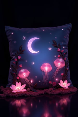 best quality, reality-shot, realism, realistic portrait photography of a beautiful pillow with whimsical elements, magical fairytale landscape, elaborate fantasy style art, black and light pink theme, intricate details, exquisite detail, ultra sharp, flawless composition, vivid colors, masterpiece, exciting background with glowing flowers and a crescent moon, opalescence, fantastical Crystal, glowing, Waterdrop, jellyfish, Framed by plants, in the style of art nouveau, magical glow, internal glow, magic, fantasy, glowing, colorful,