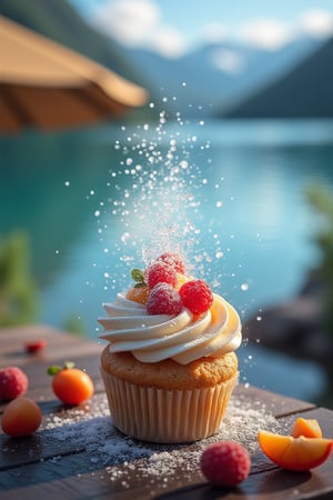 cupcake, with different fillings, standing on a table, on the shore of a lake, beautiful landscape, fruits lying around, an umbrella covering the table, dispersion effect, icy energy, light aura, fragments dispersing, radiating cold, glowing, luminous, ice-like texture, cryokinesis