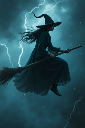 A haunting scene: A haunting full-body portrait of a  japanese witch named kity flying through a raging storm on her broomstick.