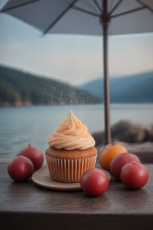 cupcake, with different fillings, standing on a table, on the shore of a lake, beautiful landscape, fruits lying around, an umbrella covering the table, dispersion effect, icy energy, light aura, fragments dispersing, radiating cold, glowing, luminous, ice-like texture, cryokinesis