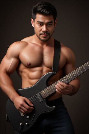 CNMface,1man, solo, muscular, muscular male, 1boy, bara,guitar,playing_instrument,