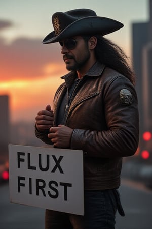 A boy is holding a sign that reads "FLUX First",(masterpiece realistic:1.2),best quality,masterpiece,original,Masterpiece, professional, award-winning, intricate details, ultra high detailed, 64k, volumetric light, dynamic lighting, Movie Aesthetic, action shot, comic book panels by Travis Charest and Phil Noto (colored). In a gritty cyberpunk cityscape, a lone cyborg samurai assassin stands poised for battle, fists clenched beneath a wide-brimmed hat with a pirate patch covering one eye. The assassin's face is obscured by flowing long hair that whips around his skull-like features as he gazes out at the neon-drenched sunrise scene unfolding in the distance. A high-contrast motorcycle jacket emblazoned with glowing Japanese writing hums with energy, while wires and nano-tech implants snake across his shoulders. Dark attire stands out against a simple, dark grey and bleached white background, as a skull-adorned jacket sleeve serves as a gruesome reminder of his deadly profession.