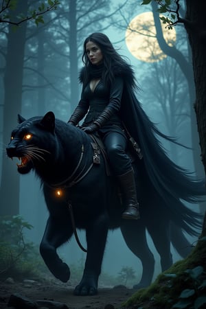 Cloven forest twilight, Cylene Blackarrow, an elite elven ranger, commando, and ninja, rides her jaguar mount, as the moon casts an eerie glow on the foliage. Her black steel-hy clothes blend with the shadows, while her fur cape flows like a dark river behind her. Multiple belts adorn her physique, each holding a deadly weapon or tool of her primal huntress trade. The phanter's ferocious glowing eyes pierce through the darkness as it surveys its surroundings, ready to pounce at a moment's notice.